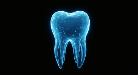 Dynamic digital rendering of a luminous blue tooth, symbolizing advanced dental technology, oral health innovation, and futuristic medical diagnostics