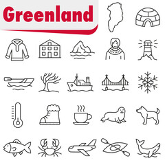 Symbols of Greenland. Icons reflecting the culture and nature of the Arctic region.