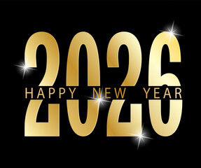 Happy New Year 2026. A stylized gold greeting card for a banner, badge, or label