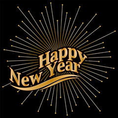 Happy New Year greetings.  Golden illustration for congratulations, invitations and creative implementation of the holiday idea