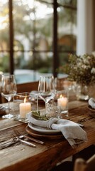 Fototapeta premium A rustic wooden table is set for a holiday dinner. Clear acrylic candle holders and wine glasses adorn the table with plates and linen napkins. A festive gathering is implied
