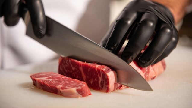 Chef wearing protective gloves expertly slicing raw beef steak on a white cutting board, preparing fresh red meat for culinary dishes and gourmet meals - Powered by Adobe