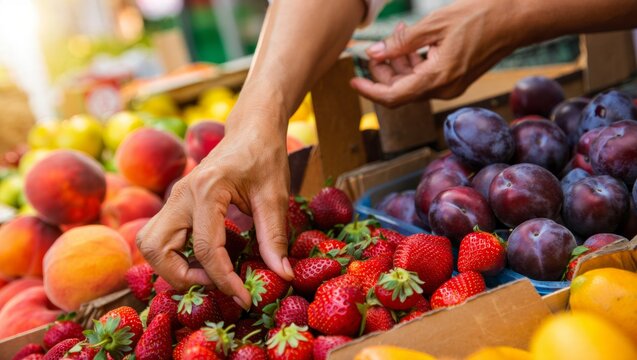 Person's hands selecting fresh, ripe strawberries from a vibrant display of organic fruit including plums and peaches at a local farmers market during summer - Powered by Adobe