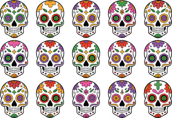 Mexican skulls colorful heads set. Mexican skulls set. Vector illustration. Dia de los muertos shugar colorful heads. 15 colorful heads. 2026