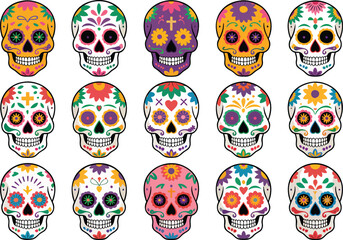 Mexican skulls colorful heads set. Mexican skulls set. Vector illustration. Dia de los muertos shugar colorful heads. 15 colorful heads.