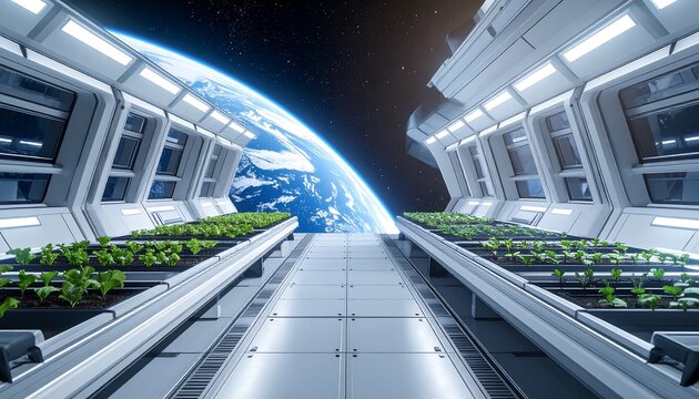 Futuristic space station hydroponic farm