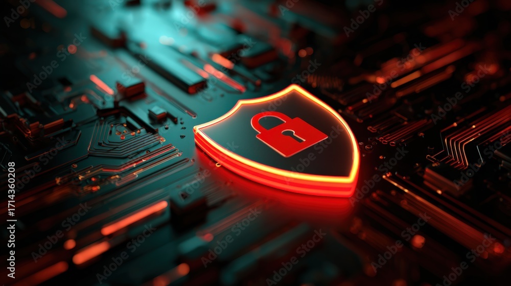Poster digital security shield with lock on futuristic circuit board design