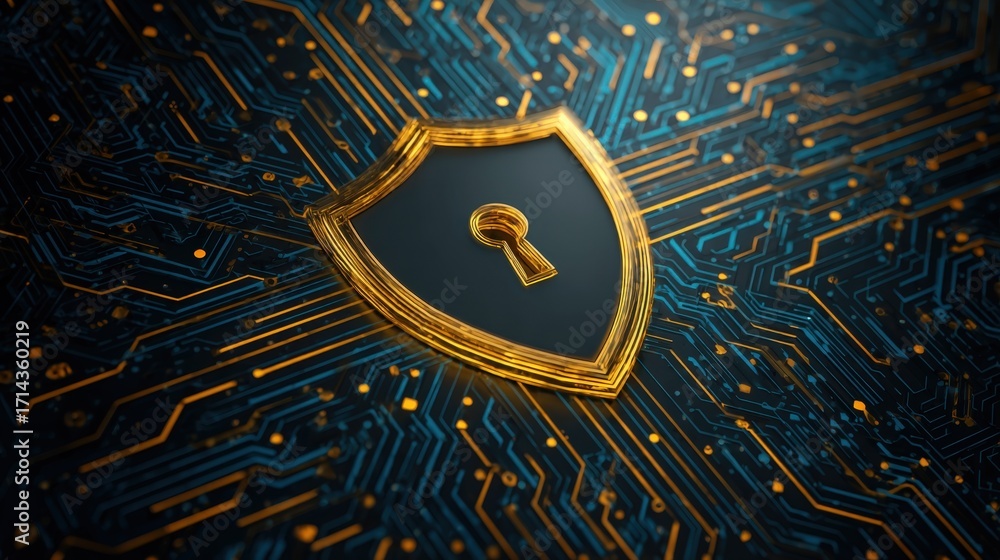 Poster golden shield with keyhole on blue circuit background for security