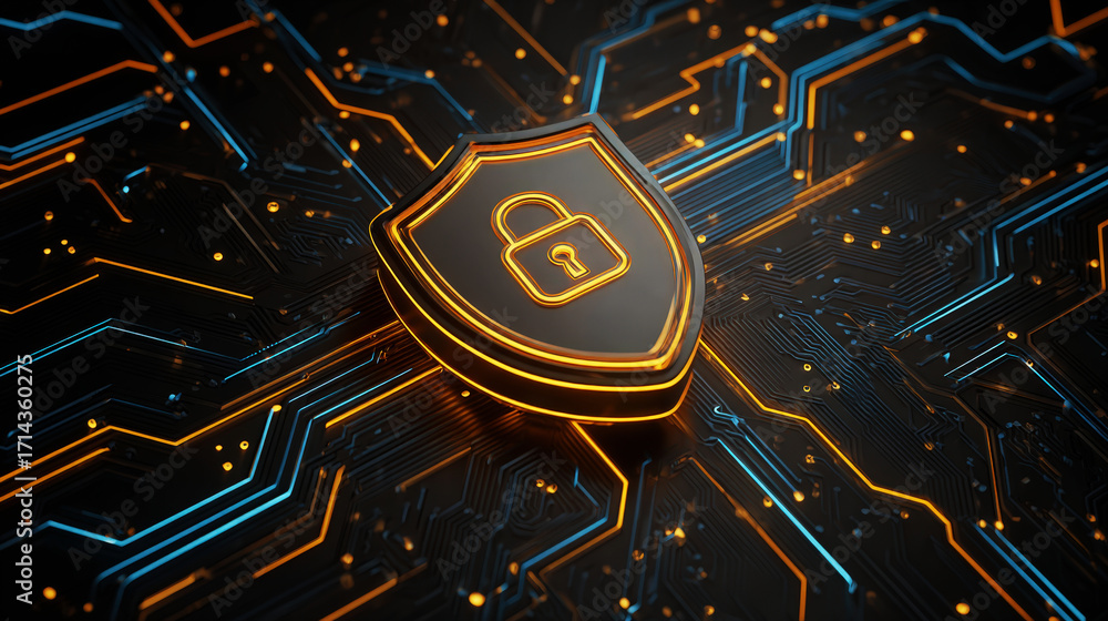 Poster digital shield with lock symbol on circuit board in cybersecurity concept