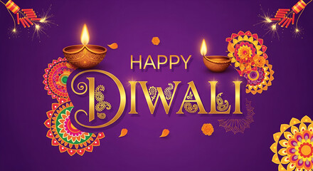 Happy Diwali, Festival of Lights with fireworks and Diya