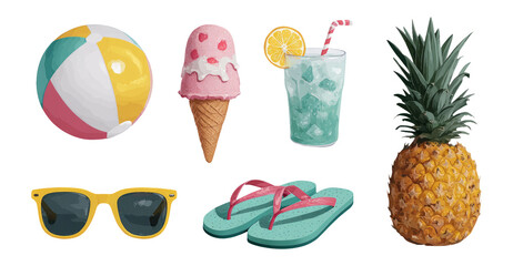 Colorful Summer Objects Including Ball, Ice Cream, Drink, Pineapple, and Sunglasses
