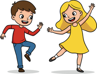 Happy children dancing, joyful kids illustration, cartoon boy and girl, playful movement, fun activity, white background, cheerful pose, animated style