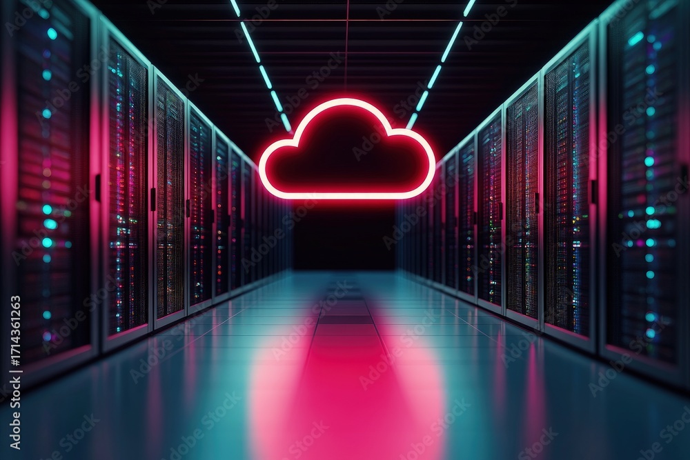 Poster cloud icon in glowing pink neon light suspended in a futuristic data server corridor, representing i