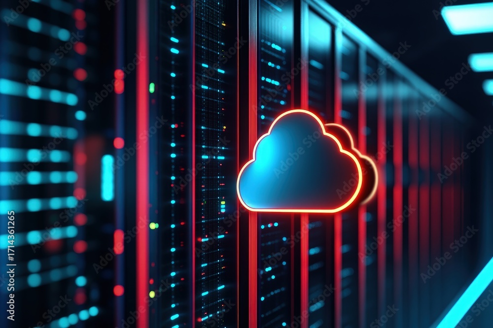 Poster cloud symbol in glowing neon light beside futuristic server racks, illustrating it infrastructure, d