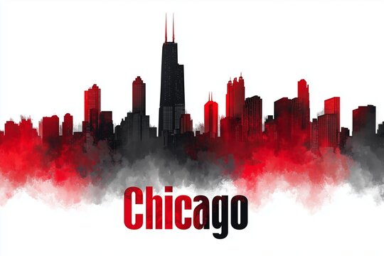 Chicago iconic skyline glows in bold red and black, with the city name prominently displayed, celebrating urban pride and architectural beauty. The image conveys energy, culture.
