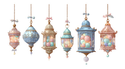 Obraz premium Elegant Antique Lanterns with Colorful Orbs in Soft Pastel Tones and Detailed Design