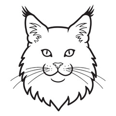 Black and white illustration of a cat's face with distinctive ear tufts and whiskers