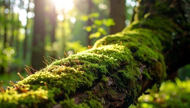 Moss-covered tree branch in sunlight
