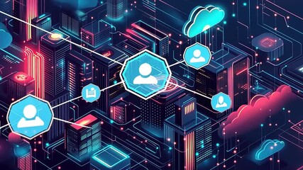 Futuristic cityscape with digital connections, showcasing technology and networking in a vibrant environment - Powered by Adobe