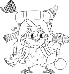 A coloring page featuring a traveling bird with a large backpack and binoculars.