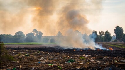 Burning debris in an open field, creating smoke against a backdrop of trees and a cloudy sky.