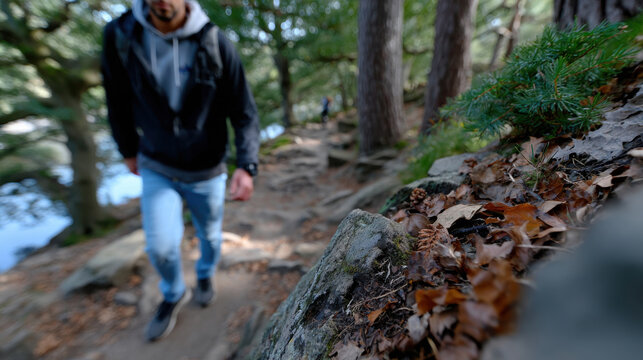A person walks along a scenic forest trail, surrounded by lush green trees and fallen leaves, showcasing the serenity and beauty of nature in a tranquil setting. - Powered by Adobe