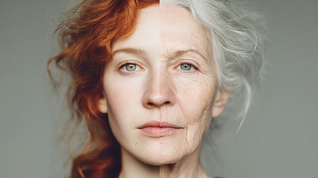 A compelling split-face portrait showcasing the contrast between youth and age, representing growth and the passage of time.