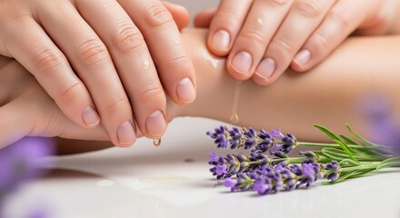 Fototapeta premium Gentle hands apply lavender essential oil to wrist with fresh sprig in soft spa light close-up, enhancing skin textures for aromatherapy self-care and ultimate relaxation therapy concepts.