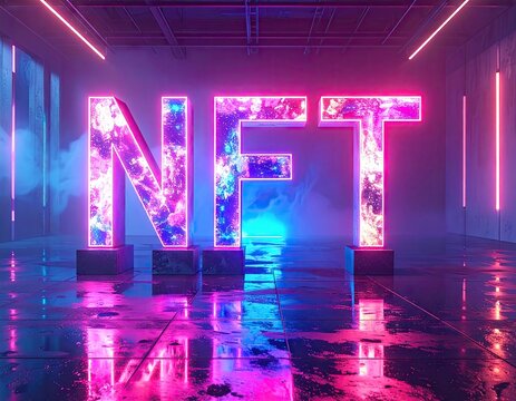 Neon NFT Sign in Glowing Metaverse Exhibition