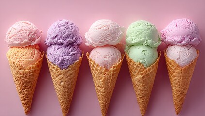 Five ice cream cones in pastel colors on a pink surface