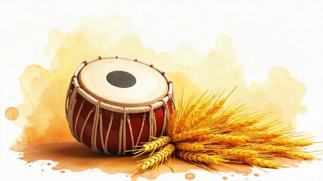 Watercolor style for baisakhi with a dhol and golden wheat sheaves. A traditional Indian drum placed next to golden wheat ears on an artistic watercolor background. Perfect style for cultural, harvest
