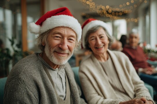 An elderly couple wears red Santa hats and smiles warmly at the camera. They appear to be visiting a Nursing Home during the Christmas season
