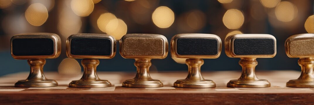 Gold-toned cabinet knobs in a row on a wooden surface, blurred background