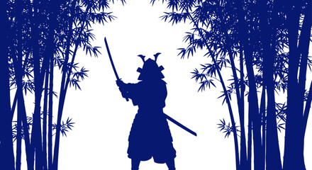 samurais silent watch a blue silhouette in bamboo, isolated on transparent background