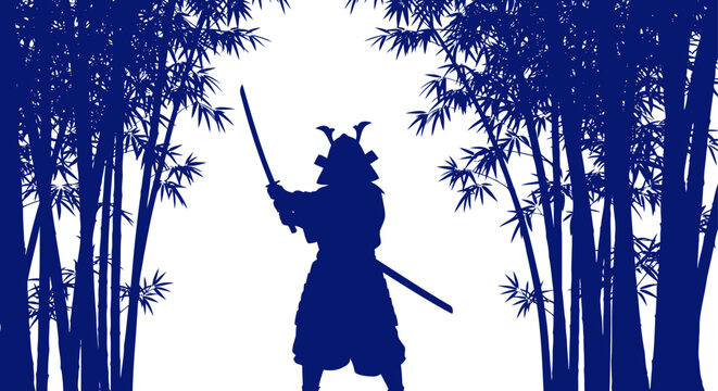samurais silent watch a blue silhouette in bamboo, isolated on transparent background