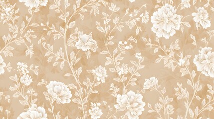 Elegant beige and white floral background with delicate blossoms, soft leaves, and seamless decorative botanical design