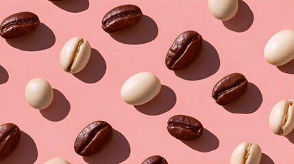 Brown and white coffee beans arranged in seamless pattern on pink background with modern minimal design