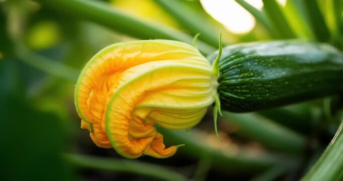 Vibrant zucchini flower blooming in lush garden setting