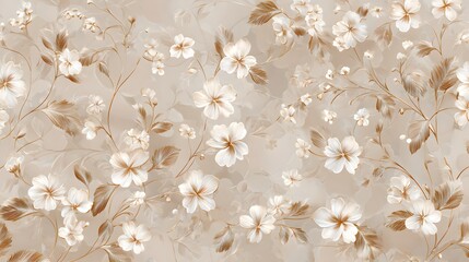 Elegant beige and white floral background with delicate blossoms, soft leaves, and seamless decorative botanical design