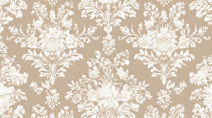 Elegant beige and white floral background with delicate blossoms, soft leaves, and seamless decorative botanical design