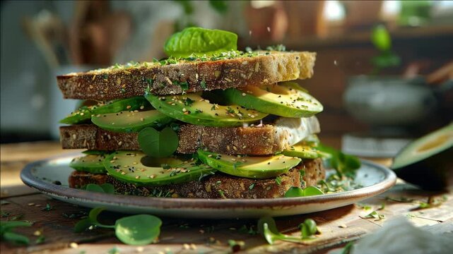 A stack of multigrain bread topped with sliced avocados, fresh mint, crushed peppercorns, and other spices, garnished with a sprig of herb.