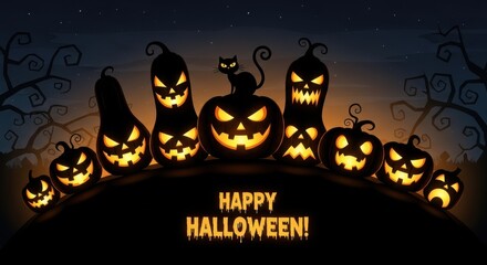 Spooky Pumpkins and a Black Cat Greeting Happy Halloween Night