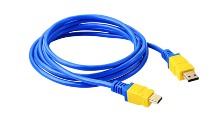 Vibrant blue USB cable with yellow connectors, essential for modern technology and data transfer needs