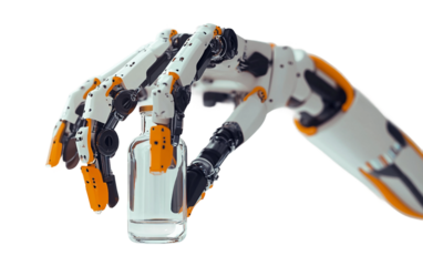 Advanced industrial robot arm gripping a vial representing automated lab processes futuristic robotics and high tech scientific applications isolated on transparent background PNG