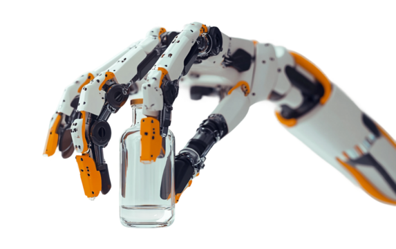 Advanced industrial robot arm gripping a vial representing automated lab processes futuristic robotics and high tech scientific applications isolated on transparent background PNG