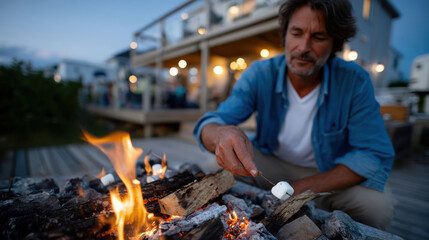 A man gently roasting marshmallows over an open campfire, illustrating the timeless tradition of creating sweet memories in nature with friends or family.
