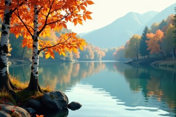 Golden birch leaves in simple ikebana arrangement by serene lake , stillness, autumn, woodland