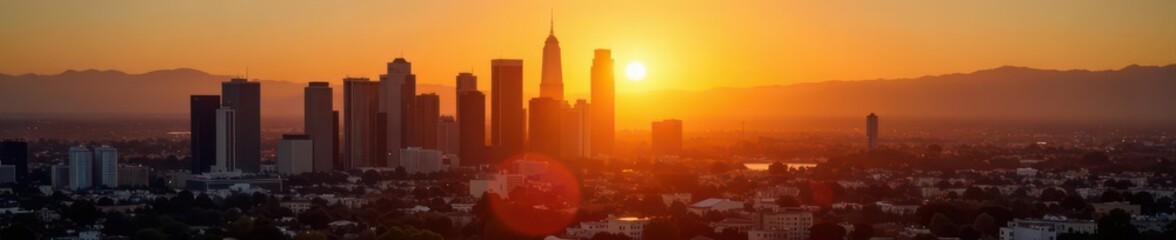 Golden hour sunlight bathes downtown LA skyscrapers , urban landscape, cityscape photography, california city