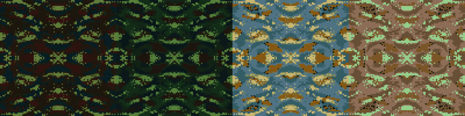 Vector seamless camouflage pattern set inspired by military and tactical design. Includes woodland, desert, and digital camo styles for fabric, gear, and creative projects. © Wasarat