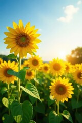 Golden sunflowers bask in bright sunlight, vibrant field , sunflowers, cheerful